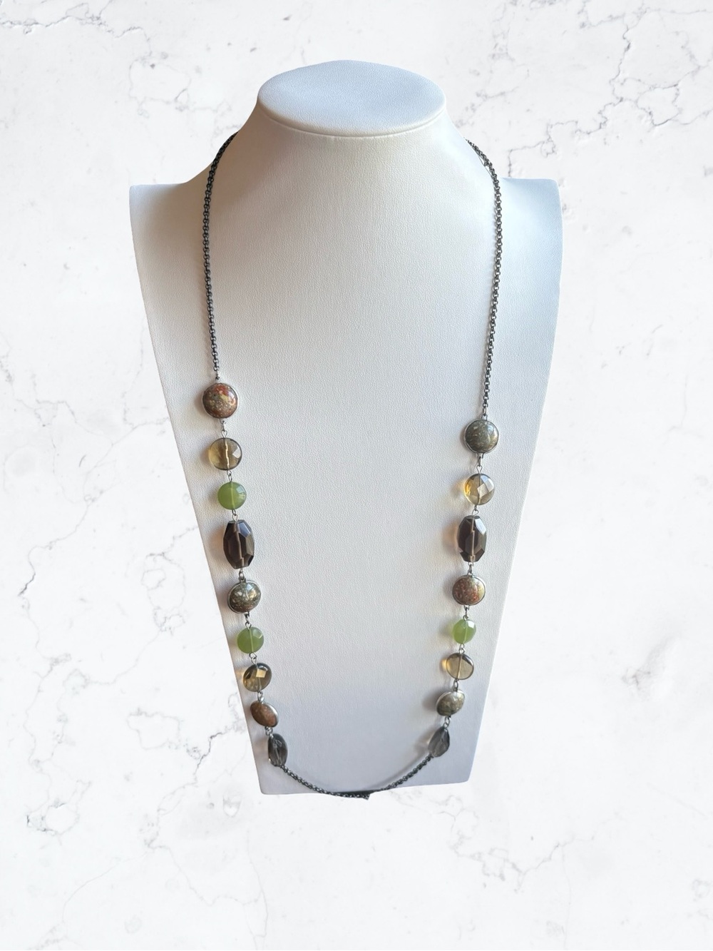J. Jill Long Beaded Necklace in Green, Brown and Gold Tones